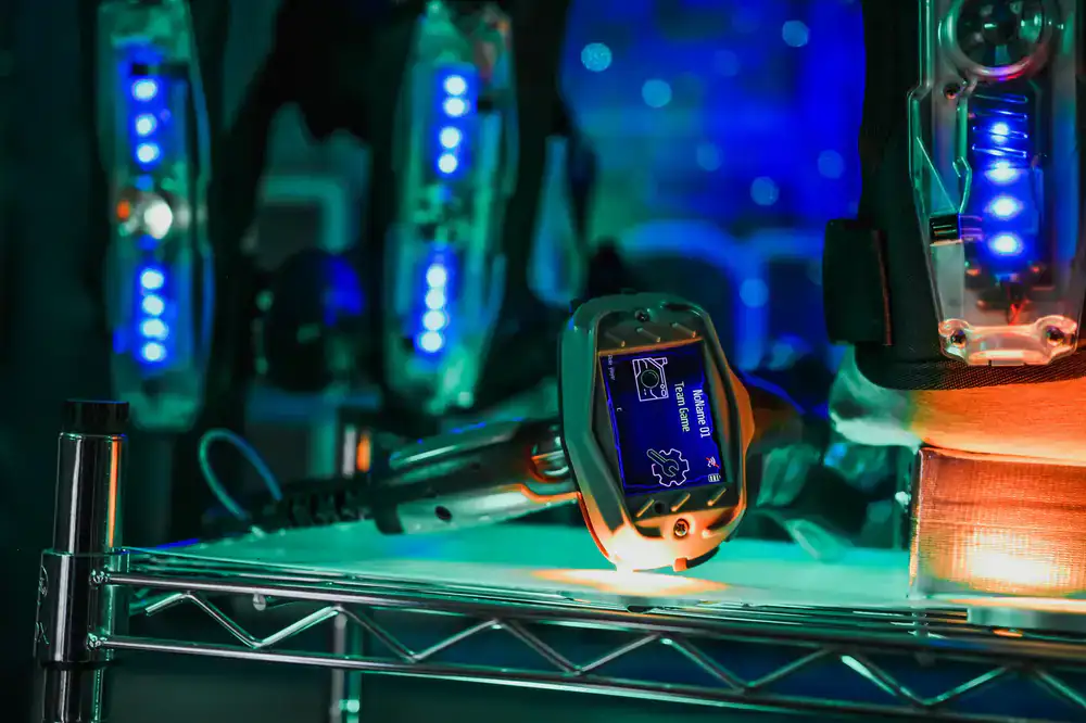 Close up of high-tech laser tag vest and phaser